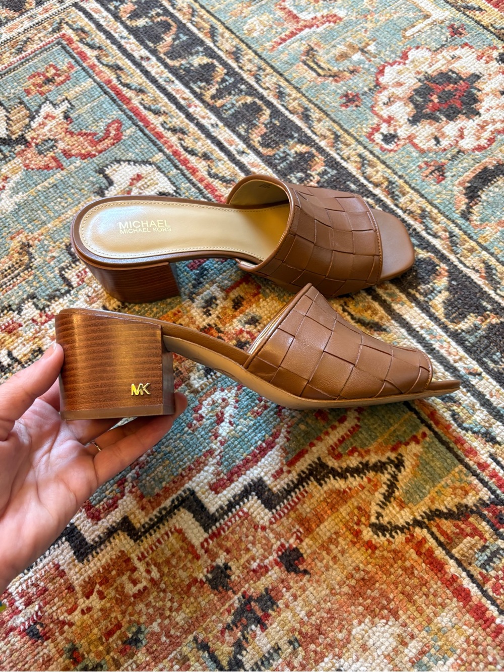 Michael Kors | Brown Woven Ingrid Leather Block Heel Mules | 7 - Picture 8 of 10